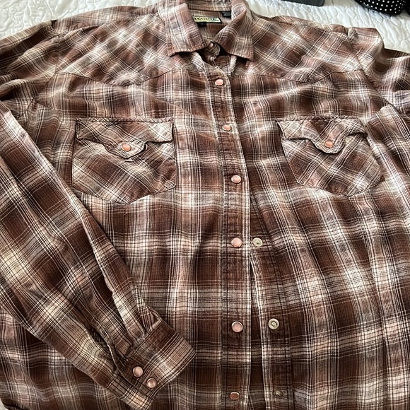 Shyanne button up western shirt plaid Pearl snap buttons / soft brown /cream - Picture 6 of 11